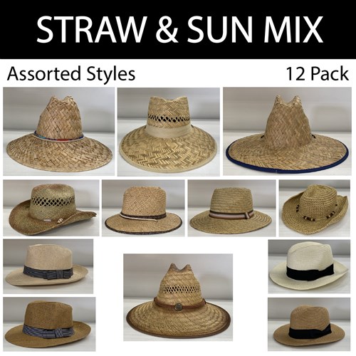 FASHION STRAW & SUN HAT MIX - 12pk