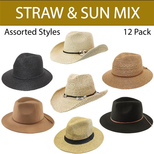 PREMIUM STRAW & SUN HAT MIX - 12pk